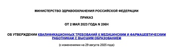 Приказ Минздрава России от 2 мая 2023 года №206н "Об утверждении Квалификационных требований к медицинским и фармацевтическим работникам с высшим образованием"